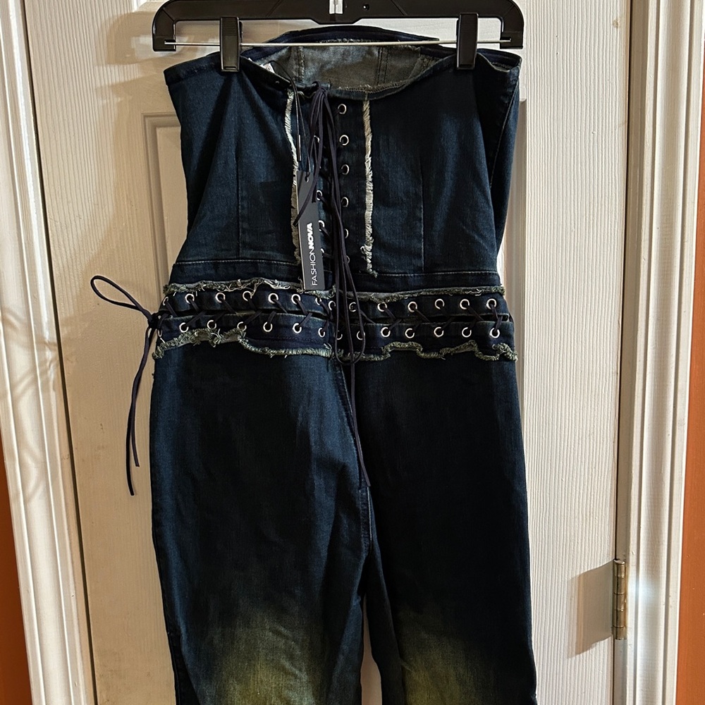 Fashion Nova Dark Blue Jumpsuit with Yellow Accents